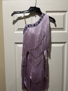 Lavender Fringe One-Shoulder Dance Dress with Jeweled Neckline